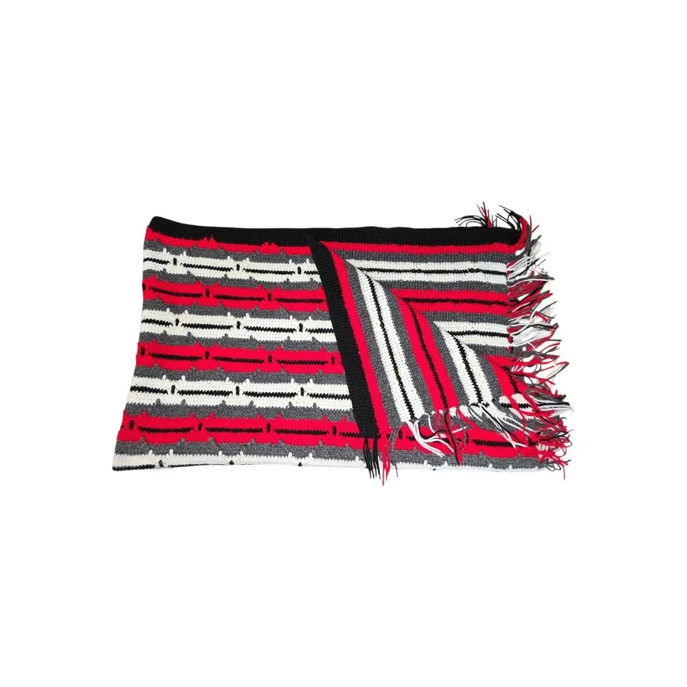 Handmade Crochet Afghan Blanket Red Black White Grey Striped Fringe Throw 63×40